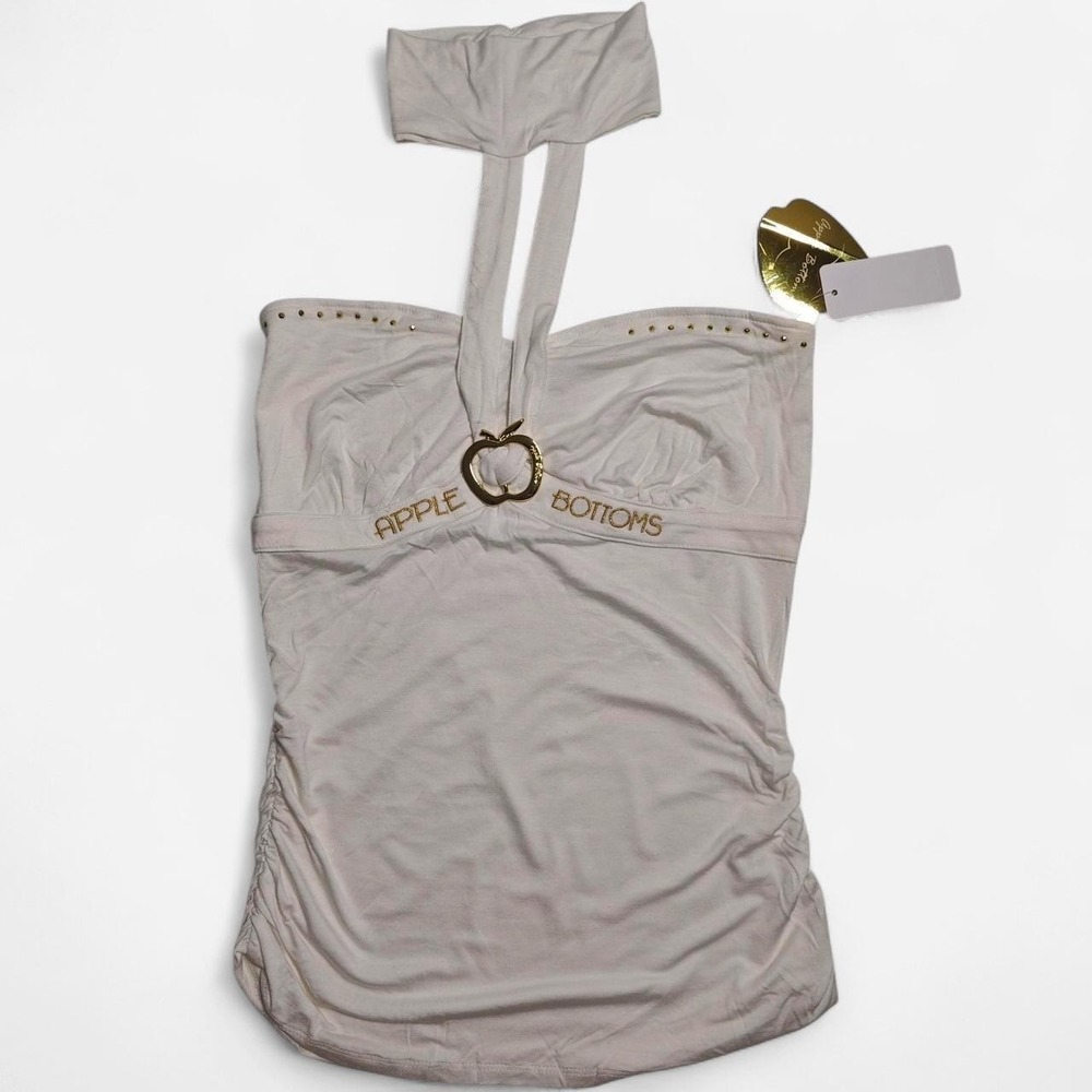 Apple Bottoms Y2K Halter Top Cream Gold Apple Ring Ruched NWT Large Fits M